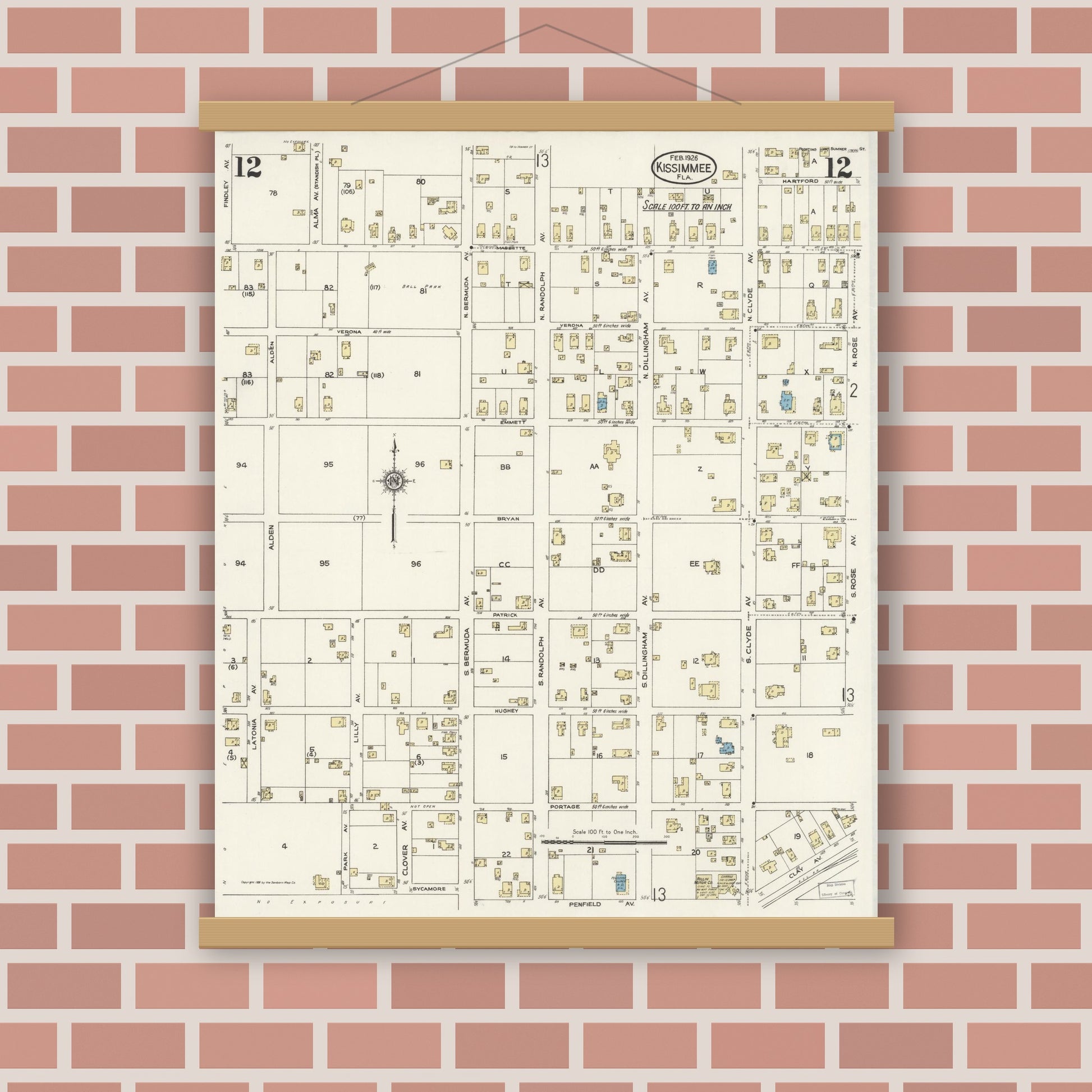 Old map wall art mockup — magnetic wood frame on brick wall — Sanborn Fire Insurance Map from Kissimmee, Osceola County, Florida (1926), Sheet #0012
