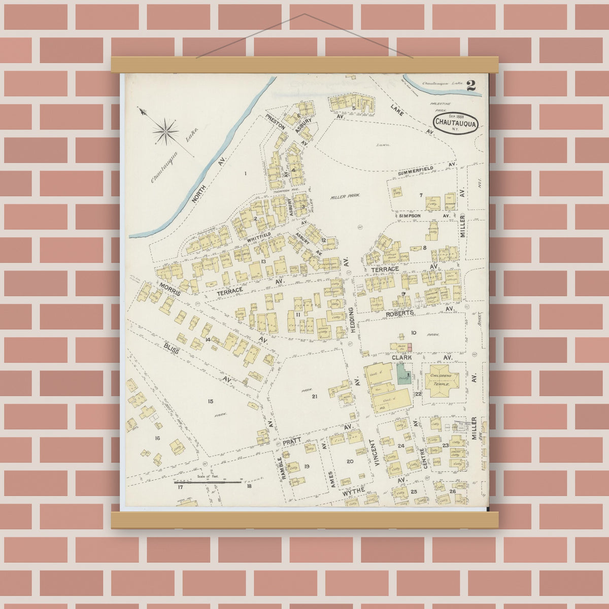 Old map wall art mockup — magnetic wood frame on brick wall — Sanborn Fire Insurance Map from Chautauqua, Chautauqua County, New York (1888), Sheet #0002