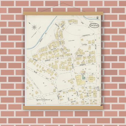 Old map wall art mockup — magnetic wood frame on brick wall — Sanborn Fire Insurance Map from Chautauqua, Chautauqua County, New York (1888), Sheet #0002