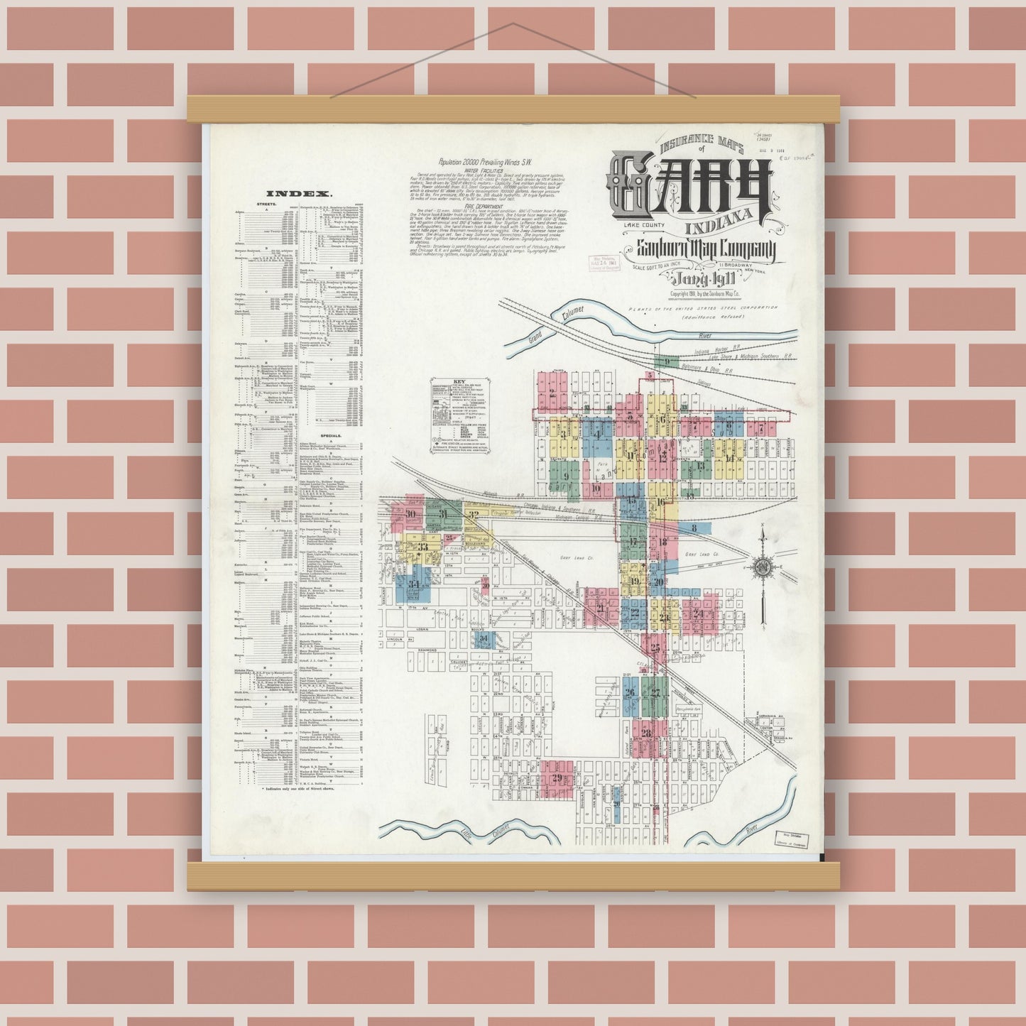Old map wall art mockup — magnetic wood frame on brick wall — Sanborn Fire Insurance Map from Gary, Lake County, Indiana (1911), Sheet #0001