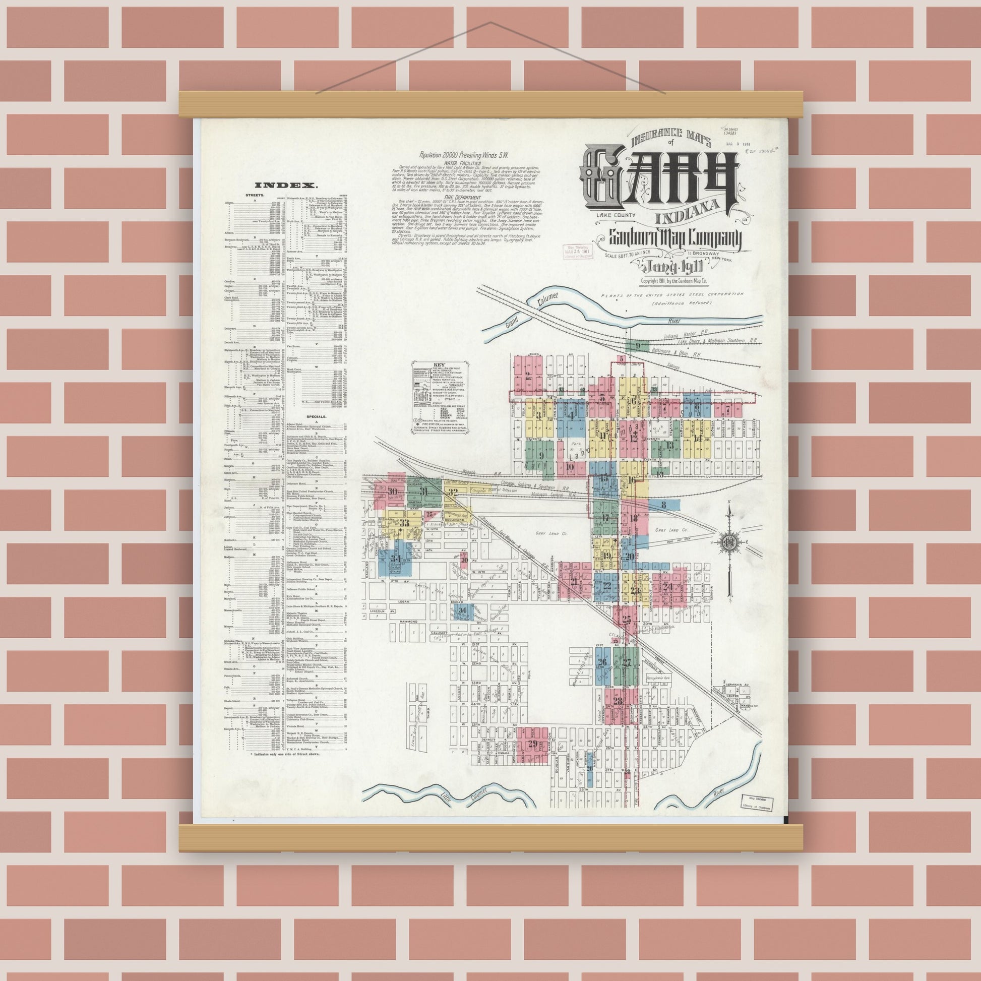 Old map wall art mockup — magnetic wood frame on brick wall — Sanborn Fire Insurance Map from Gary, Lake County, Indiana (1911), Sheet #0001