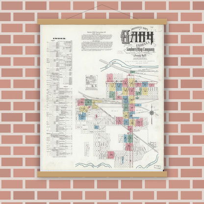 Old map wall art mockup — magnetic wood frame on brick wall — Sanborn Fire Insurance Map from Gary, Lake County, Indiana (1911), Sheet #0001