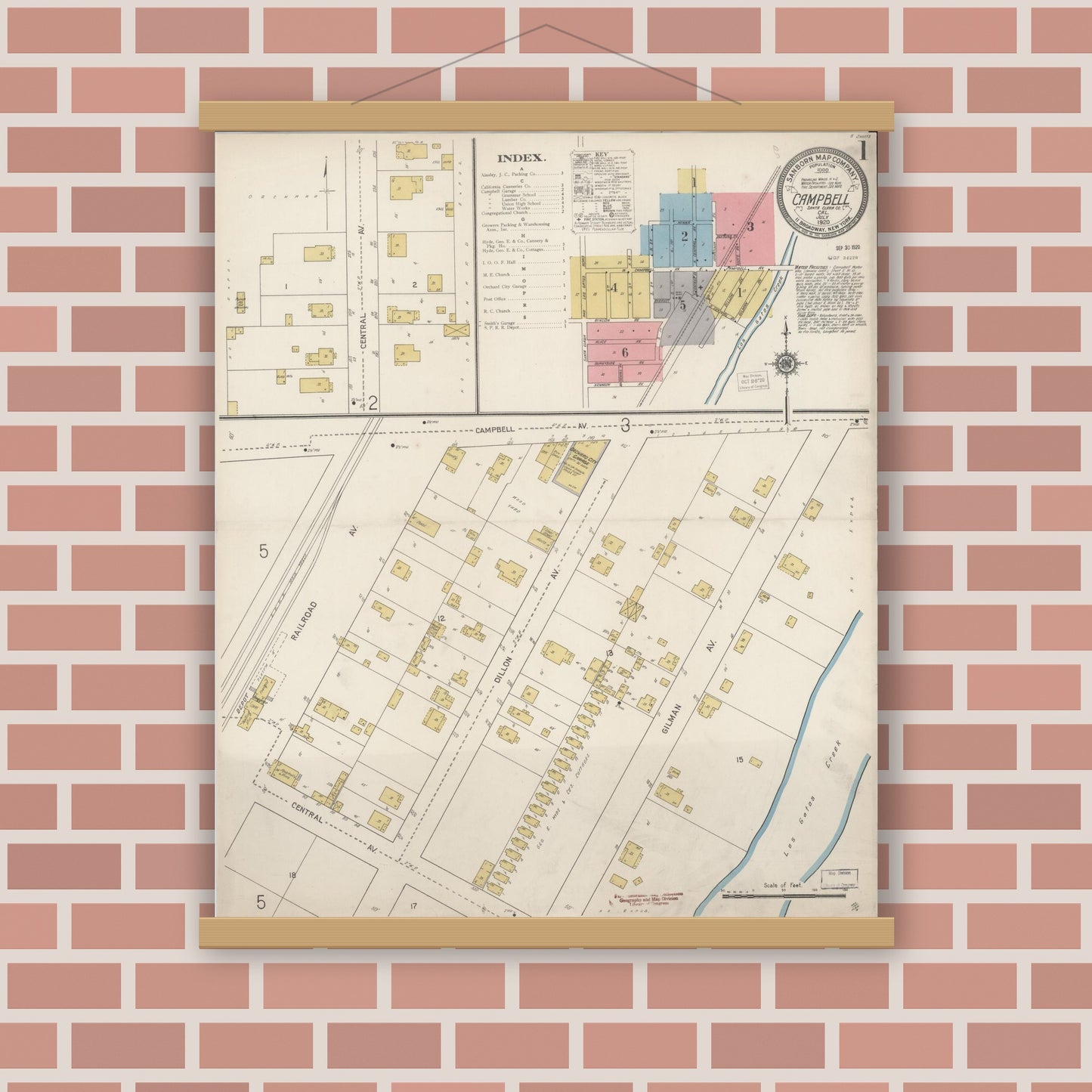 Old map wall art mockup — magnetic wood frame on brick wall — Sanborn Fire Insurance Map from Campbell, Santa Clara County, California (1920) - Complete Map Set