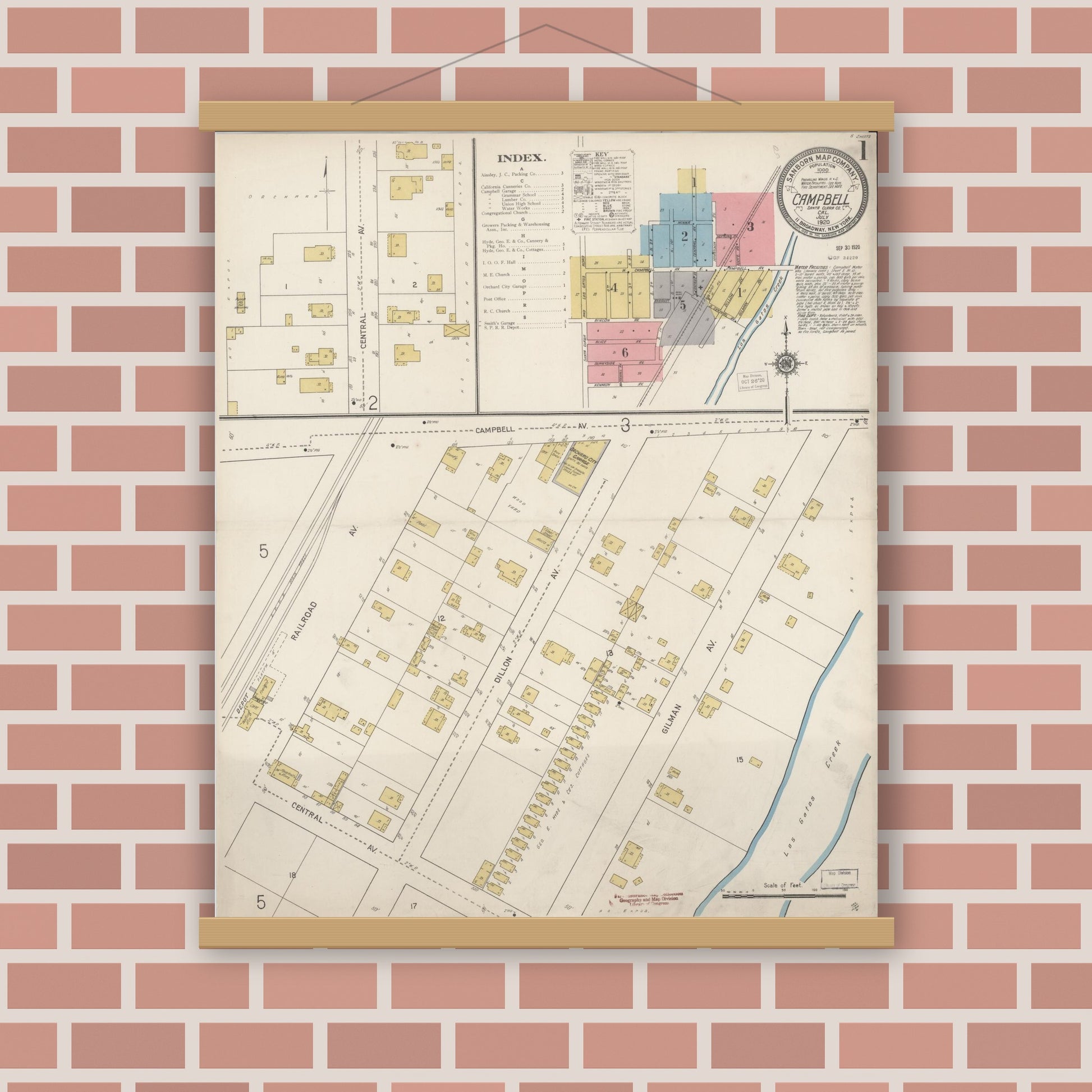 Old map wall art mockup — magnetic wood frame on brick wall — Sanborn Fire Insurance Map from Campbell, Santa Clara County, California (1920) - Complete Map Set