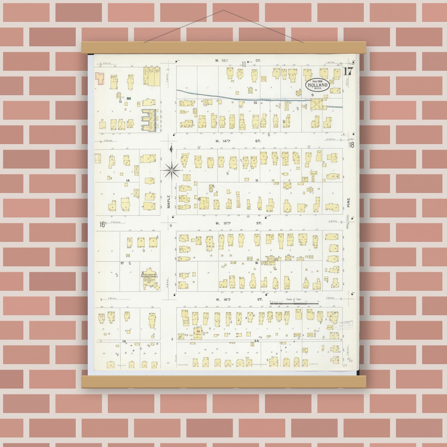 Old map wall art mockup — magnetic wood frame on brick wall — Sanborn Fire Insurance Map from Holland, Ottawa County, Michigan (1908), Sheet #0017
