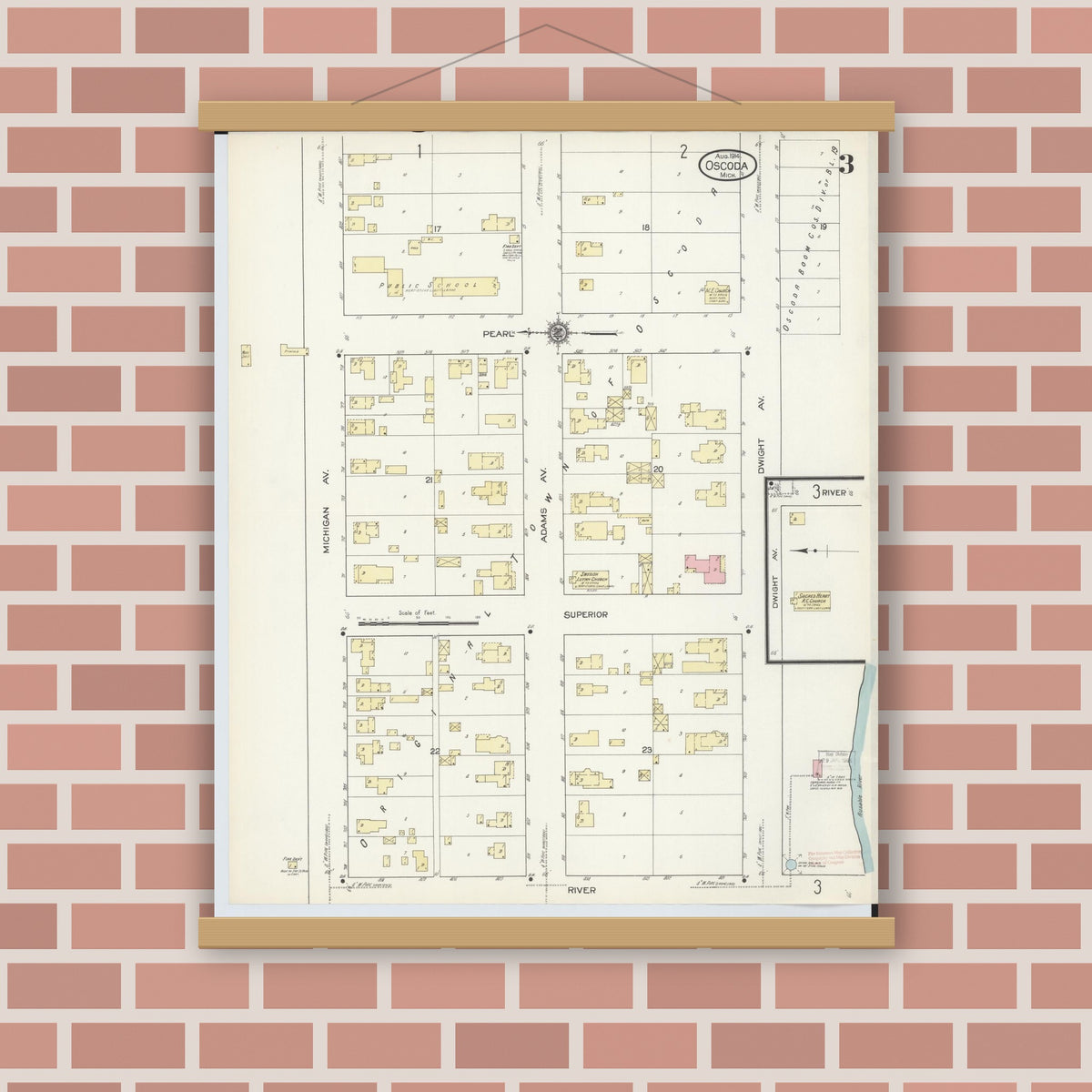 Old map wall art mockup — magnetic wood frame on brick wall — Sanborn Fire Insurance Map from Oscoda, Iosco County, Michigan (1914), Sheet #0003