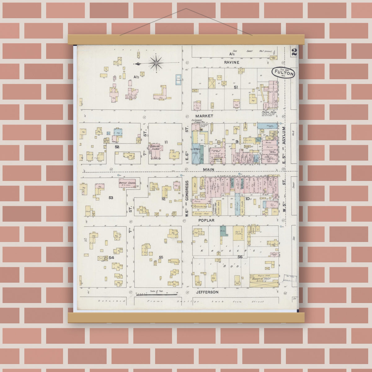 Old map wall art mockup — magnetic wood frame on brick wall — Sanborn Fire Insurance Map from Fulton, Callaway County, Missouri (1890), Sheet #0002