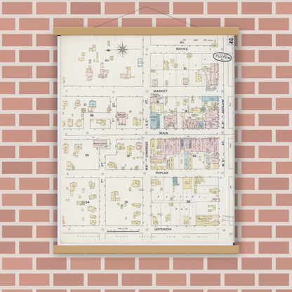 Old map wall art mockup — magnetic wood frame on brick wall — Sanborn Fire Insurance Map from Fulton, Callaway County, Missouri (1890), Sheet #0002