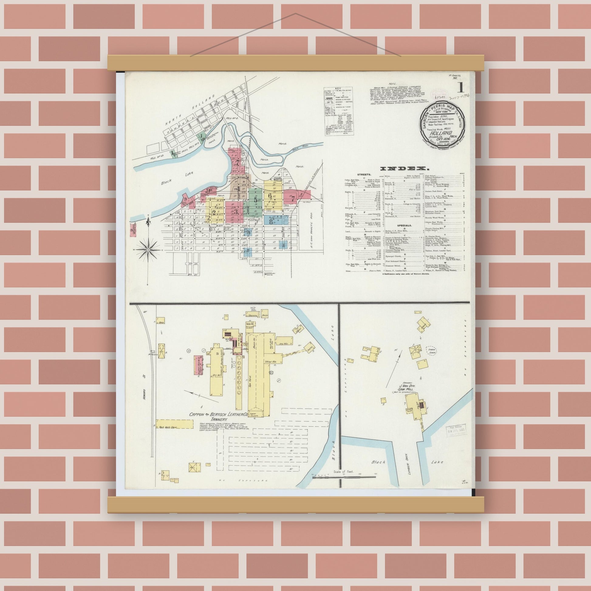 Old map wall art mockup — magnetic wood frame on brick wall — Sanborn Fire Insurance Map from Holland, Ottawa County, Michigan (1896) - Complete Map Set