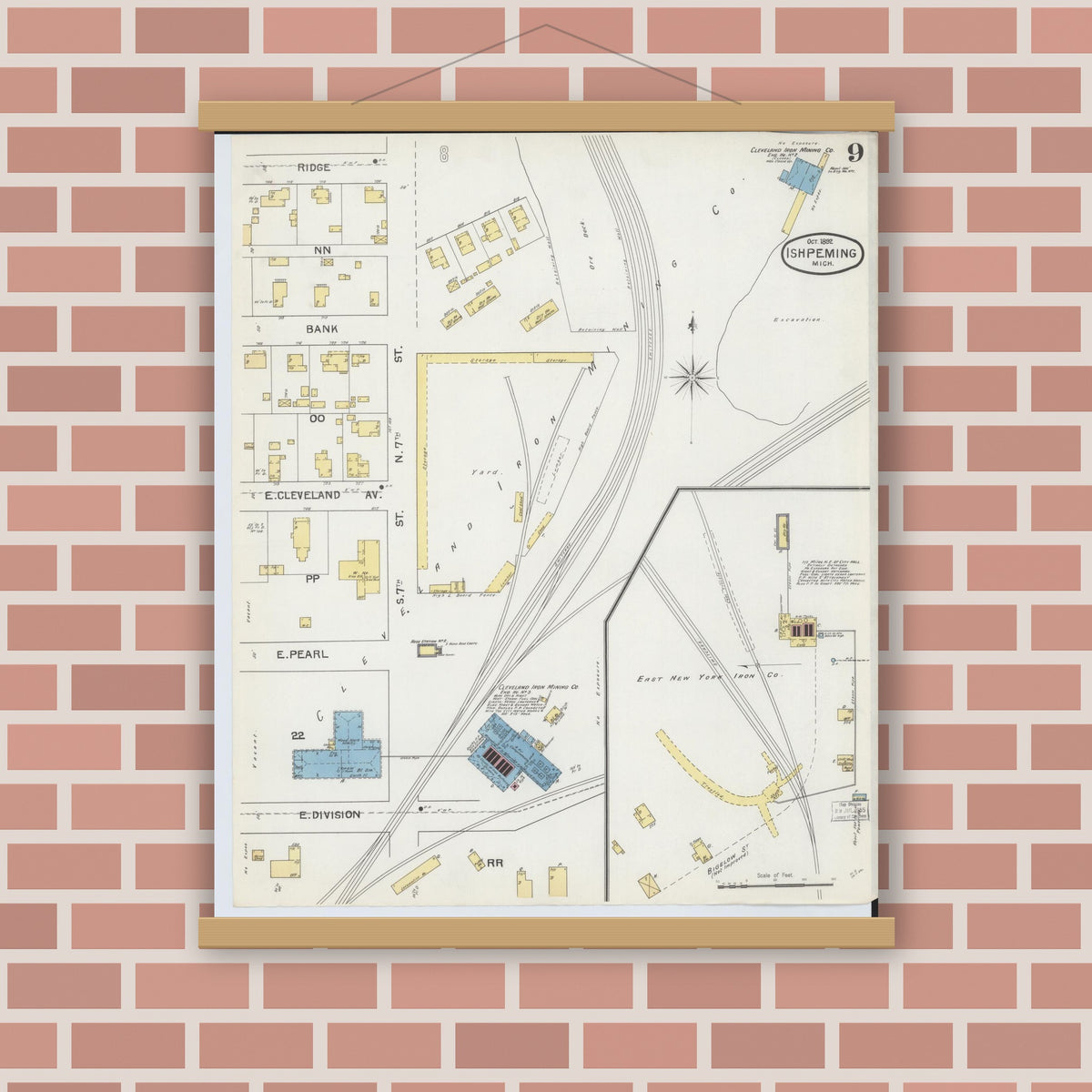 Old map wall art mockup — magnetic wood frame on brick wall — Sanborn Fire Insurance Map from Ishpeming, Marquette County, Michigan (1892), Sheet #0009