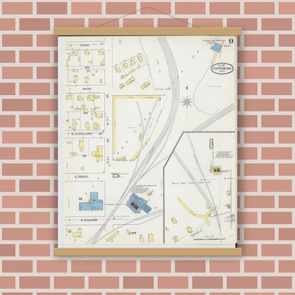 Old map wall art mockup — magnetic wood frame on brick wall — Sanborn Fire Insurance Map from Ishpeming, Marquette County, Michigan (1892), Sheet #0009