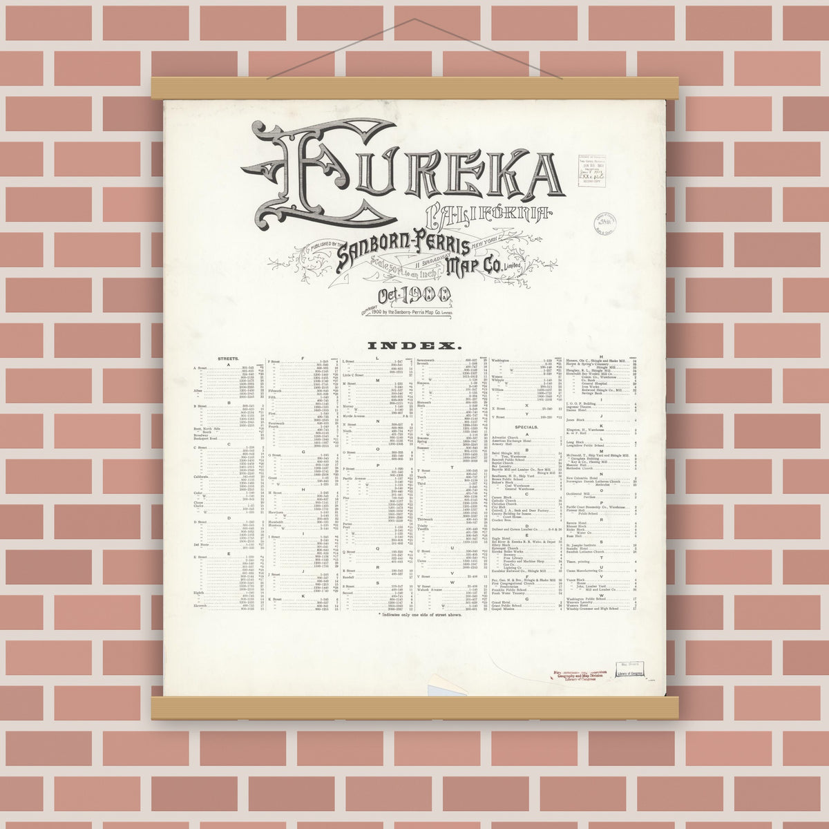 Old map wall art mockup — magnetic wood frame on brick wall — Sanborn Fire Insurance Map from Eureka, Humboldt County, California (1900), Sheet #0001