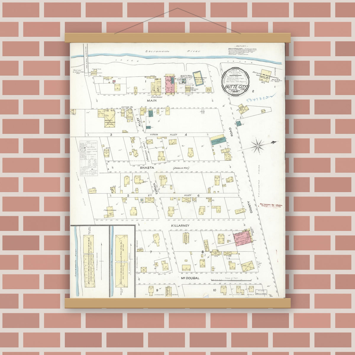 Old map wall art mockup — magnetic wood frame on brick wall — Sanborn Fire Insurance Map from Butte City, Glenn County, California (1897), Sheet #0001