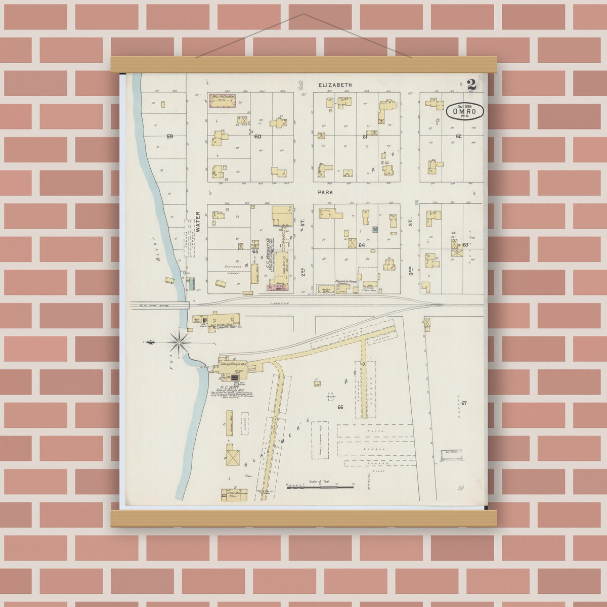Old map wall art mockup — magnetic wood frame on brick wall — Sanborn Fire Insurance Map from Omro, Winnebago County, Wisconsin (1895), Sheet #0002