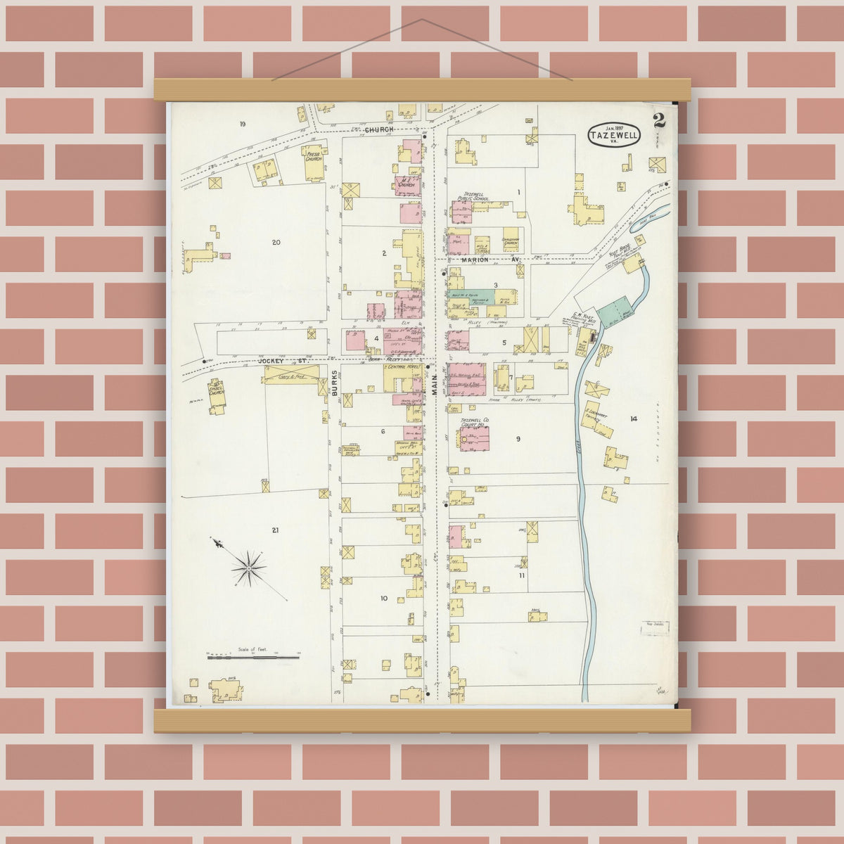 Old map wall art mockup — magnetic wood frame on brick wall — Sanborn Fire Insurance Map from Tazewell, Tazewell County, Virginia (1897), Sheet #0002