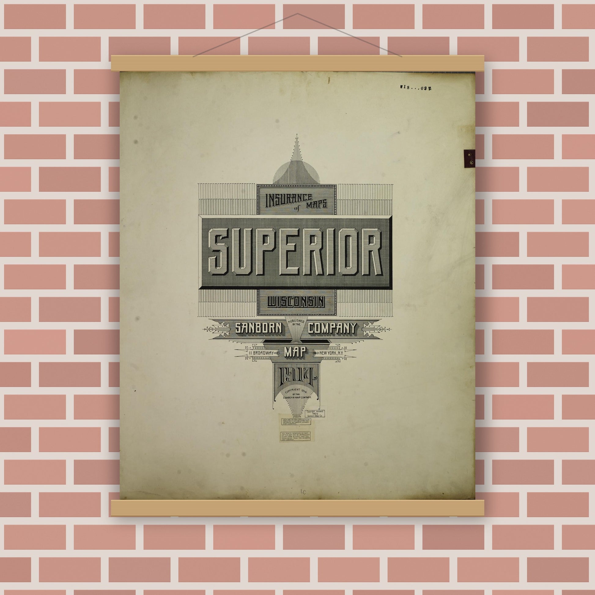 Old map wall art mockup — magnetic wood frame on brick wall — Sanborn Fire Insurance Map from Superior, Douglas County, Wisconsin (1949), Sheet #0001