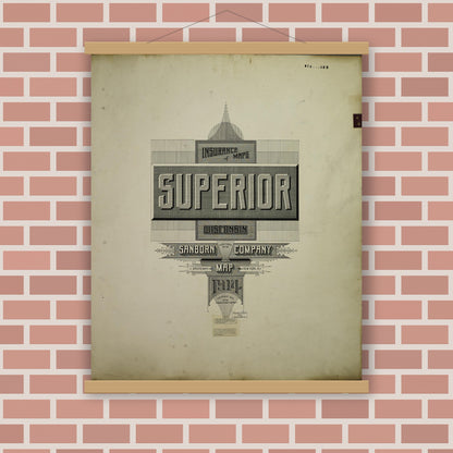 Old map wall art mockup — magnetic wood frame on brick wall — Sanborn Fire Insurance Map from Superior, Douglas County, Wisconsin (1949), Sheet #0001