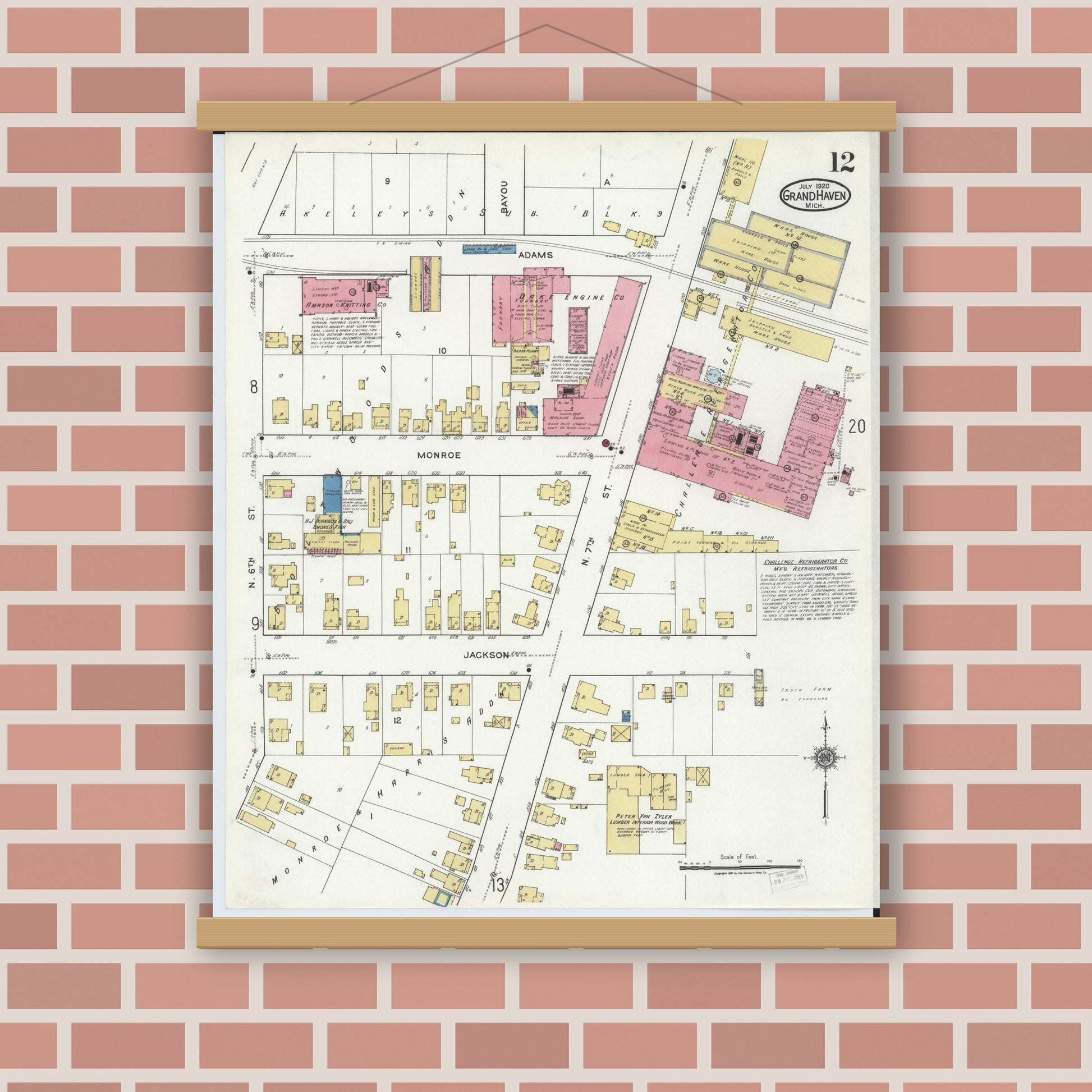 Old map wall art mockup — magnetic wood frame on brick wall — Sanborn Fire Insurance Map from Grand Haven, Ottawa County, Michigan (1920), Sheet #0012