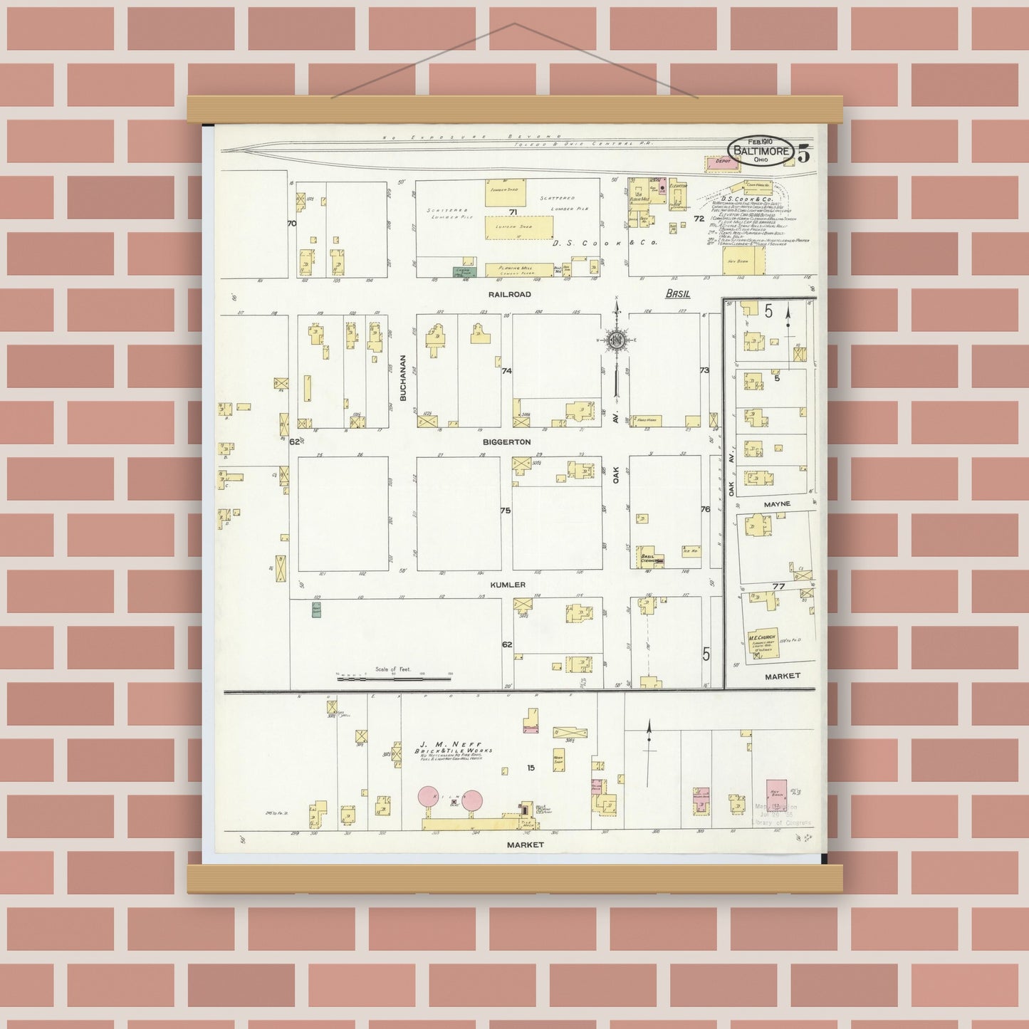 Old map wall art mockup — magnetic wood frame on brick wall — Sanborn Fire Insurance Map from Baltimore, Fairfield County, Ohio (1910), Sheet #0005