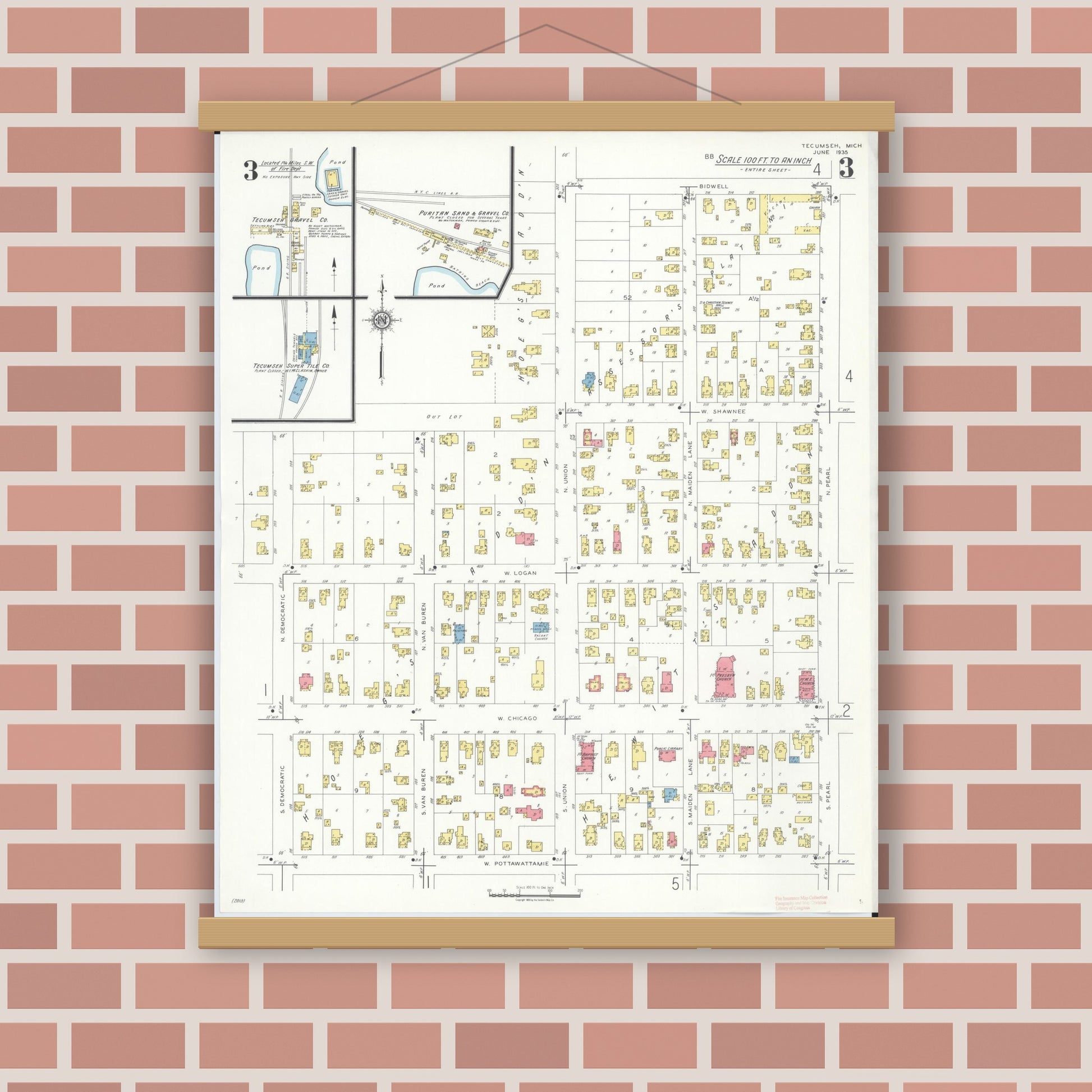 Old map wall art mockup — magnetic wood frame on brick wall — Sanborn Fire Insurance Map from Tecumseh, Lenawee County, Michigan (1935), Sheet #0003