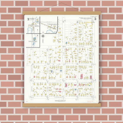 Old map wall art mockup — magnetic wood frame on brick wall — Sanborn Fire Insurance Map from Tecumseh, Lenawee County, Michigan (1935), Sheet #0003