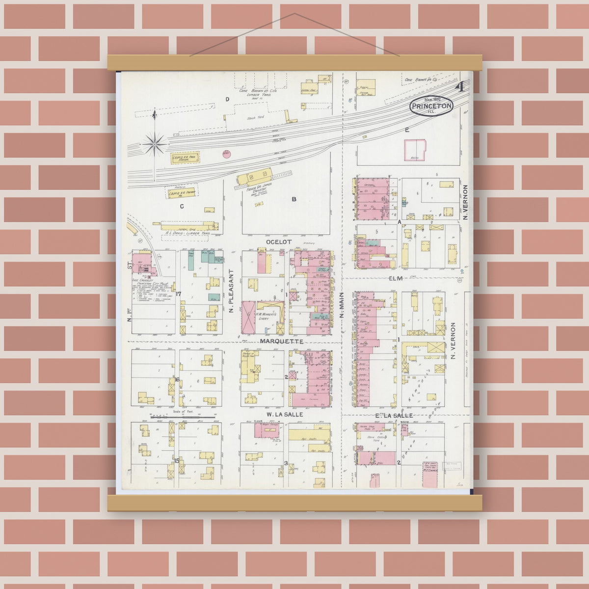 Old map wall art mockup — magnetic wood frame on brick wall — Sanborn Fire Insurance Map from Princeton, Bureau County, Illinois (1892), Sheet #0004
