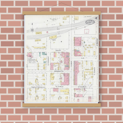 Old map wall art mockup — magnetic wood frame on brick wall — Sanborn Fire Insurance Map from Princeton, Bureau County, Illinois (1892), Sheet #0004