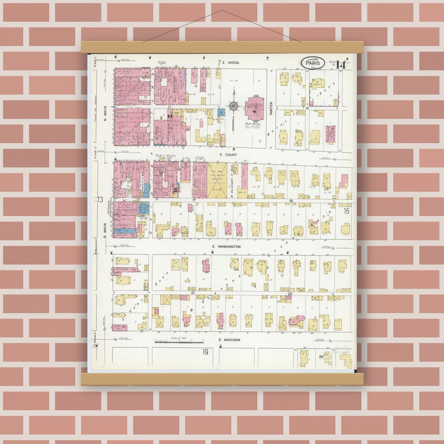 Old map wall art mockup — magnetic wood frame on brick wall — Sanborn Fire Insurance Map from Paris, Edgar County, Illinois (1916), Sheet #0014