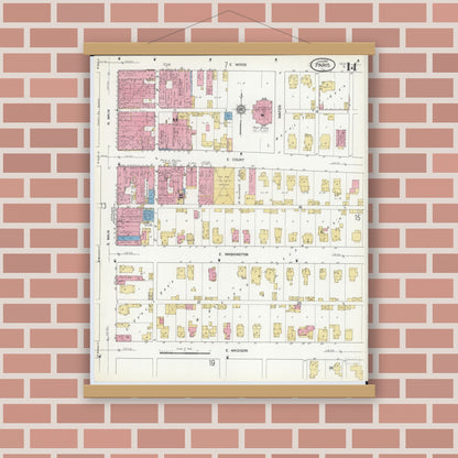 Old map wall art mockup — magnetic wood frame on brick wall — Sanborn Fire Insurance Map from Paris, Edgar County, Illinois (1916), Sheet #0014