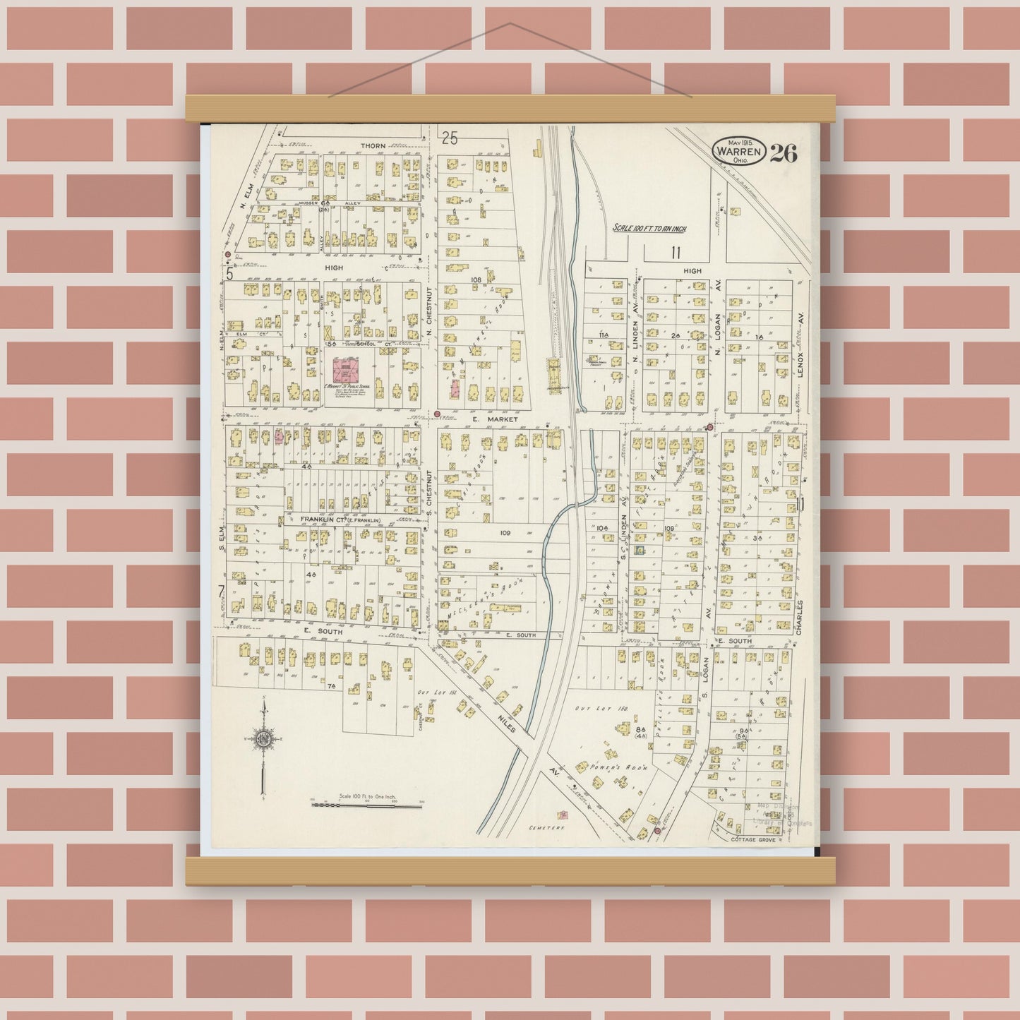 Old map wall art mockup — magnetic wood frame on brick wall — Sanborn Fire Insurance Map from Warren, Trumbull County, Ohio (1915), Sheet #0026
