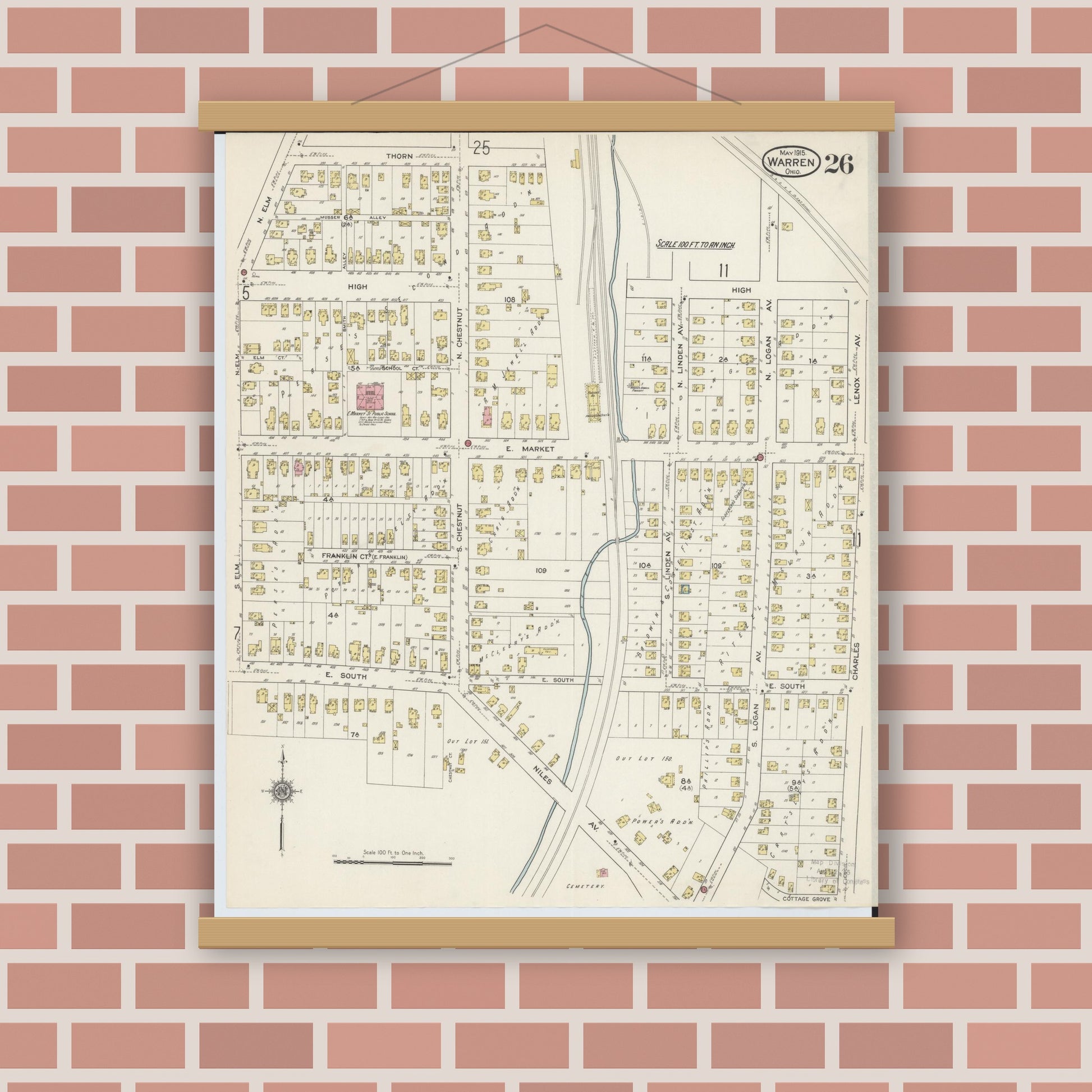 Old map wall art mockup — magnetic wood frame on brick wall — Sanborn Fire Insurance Map from Warren, Trumbull County, Ohio (1915), Sheet #0026