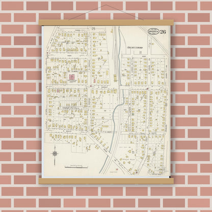 Old map wall art mockup — magnetic wood frame on brick wall — Sanborn Fire Insurance Map from Warren, Trumbull County, Ohio (1915), Sheet #0026