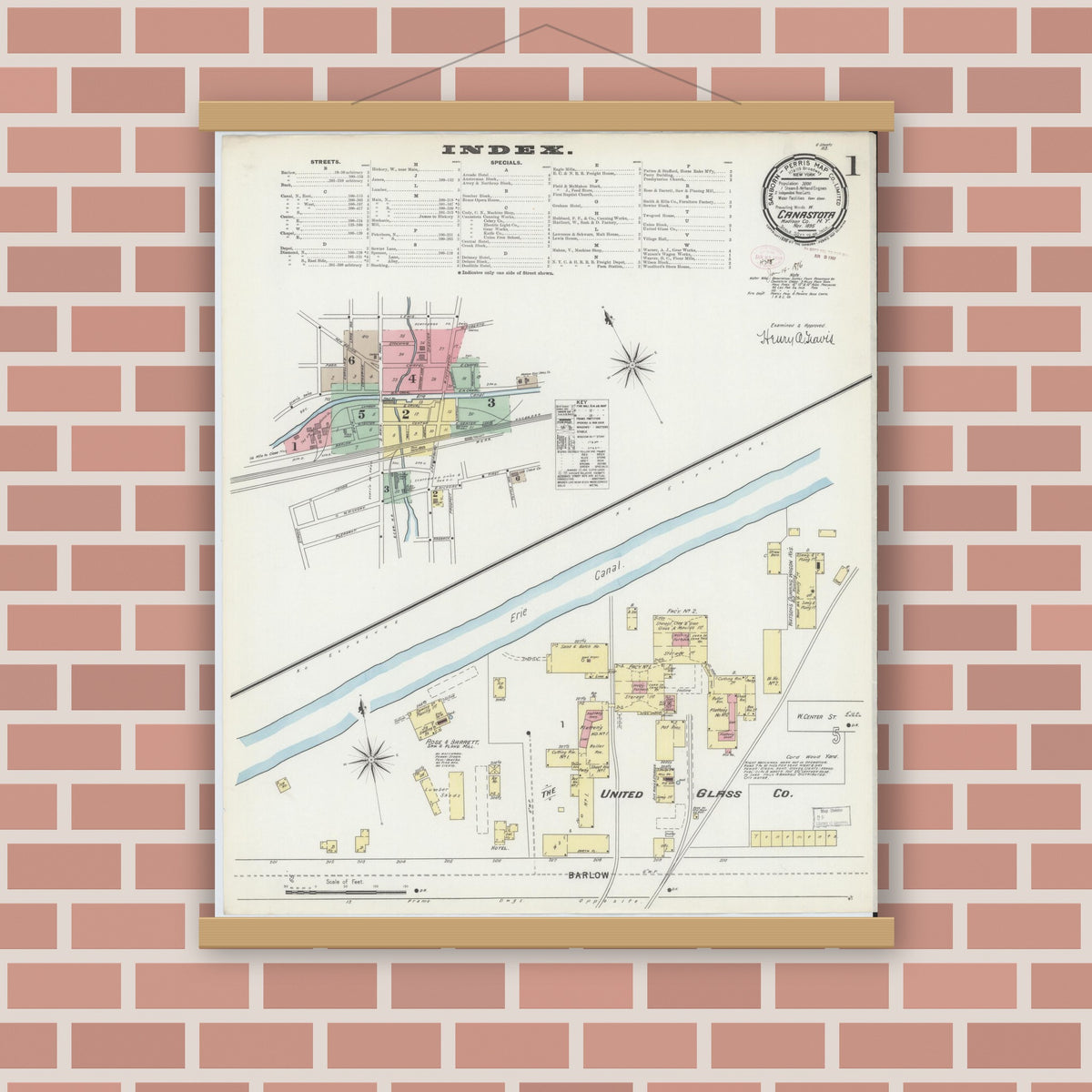 Old map wall art mockup — magnetic wood frame on brick wall — Sanborn Fire Insurance Map from Canastota, Madison County, New York (1895), Sheet #0001