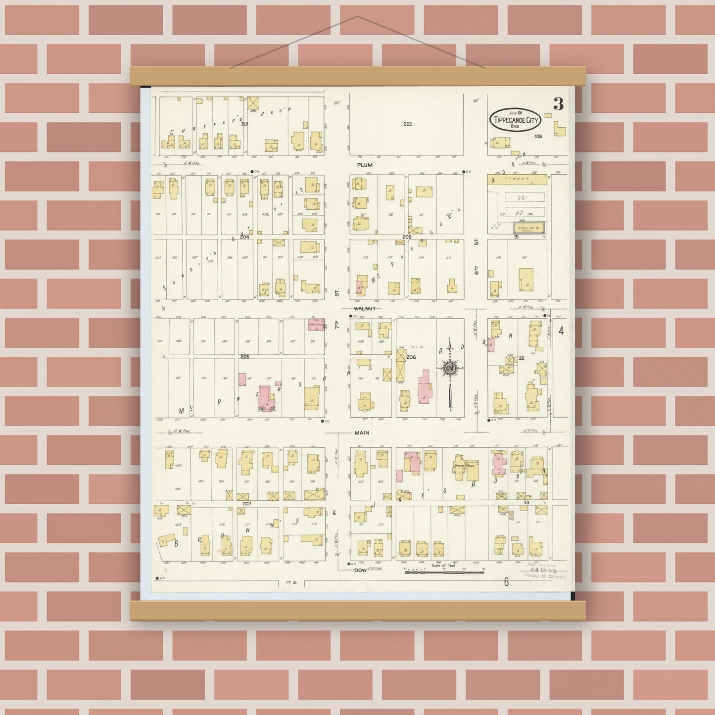 Old map wall art mockup — magnetic wood frame on brick wall — Sanborn Fire Insurance Map from Tipp City, Miami County, Ohio (1911), Sheet #0003