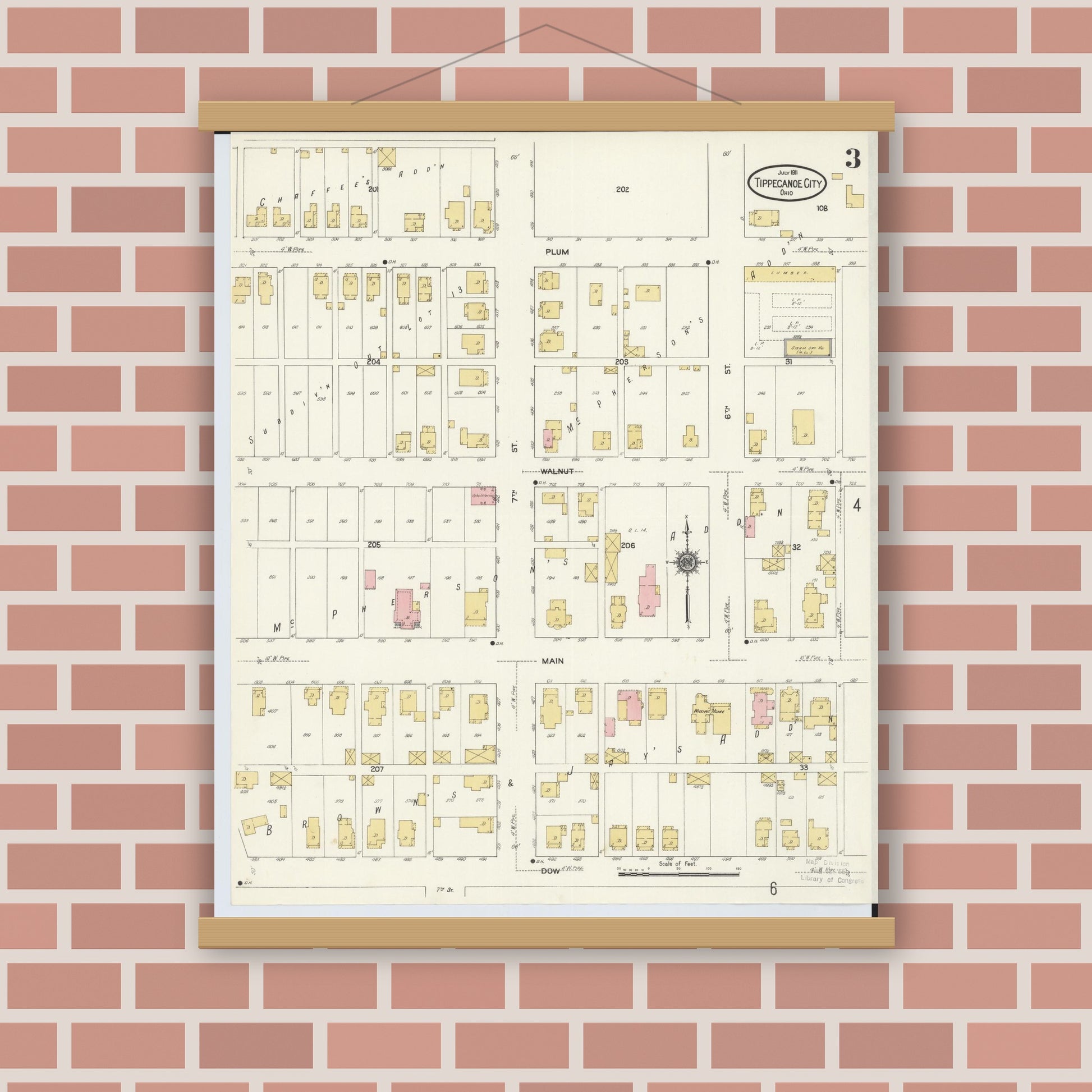 Old map wall art mockup — magnetic wood frame on brick wall — Sanborn Fire Insurance Map from Tipp City, Miami County, Ohio (1911), Sheet #0003