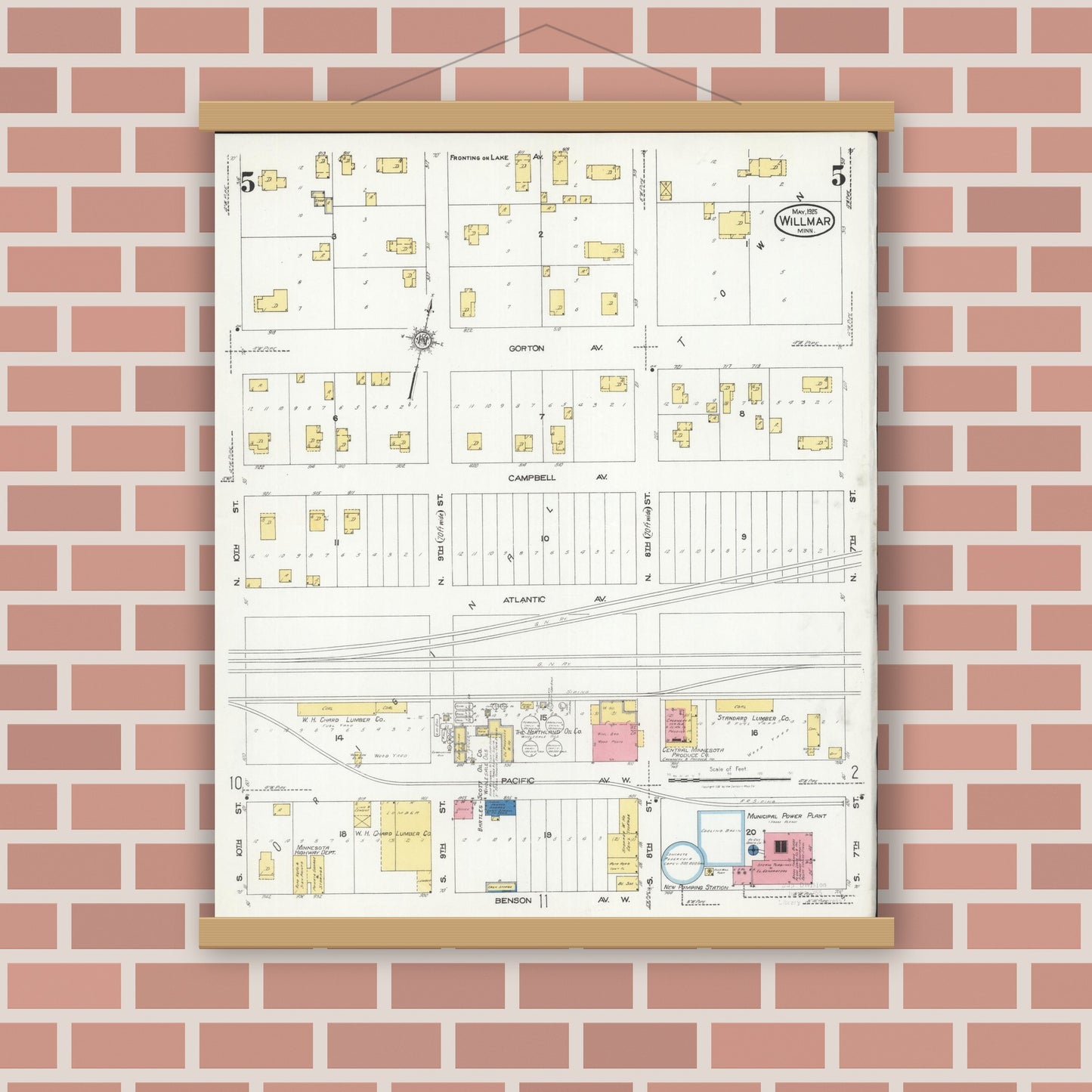 Old map wall art mockup — magnetic wood frame on brick wall — Sanborn Fire Insurance Map from Willmar, Kandiyohi County, Minnesota (1925), Sheet #0005