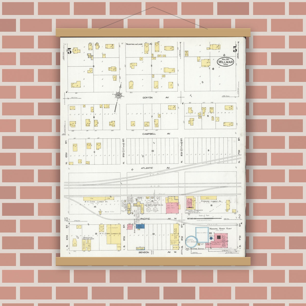Old map wall art mockup — magnetic wood frame on brick wall — Sanborn Fire Insurance Map from Willmar, Kandiyohi County, Minnesota (1925), Sheet #0005