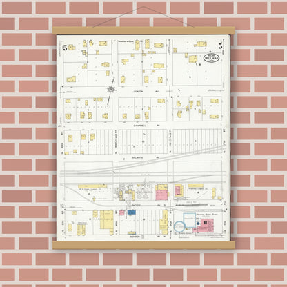 Old map wall art mockup — magnetic wood frame on brick wall — Sanborn Fire Insurance Map from Willmar, Kandiyohi County, Minnesota (1925), Sheet #0005