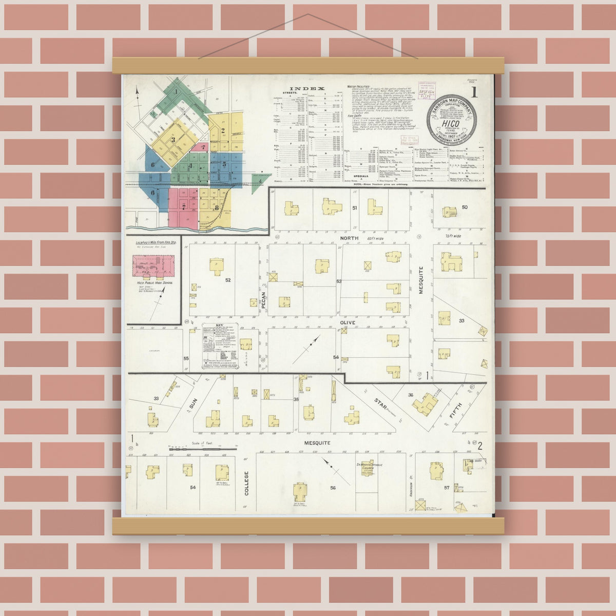 Old map wall art mockup — magnetic wood frame on brick wall — Sanborn Fire Insurance Map from Hico, Hamilton County, Texas (1907) - Complete Map Set