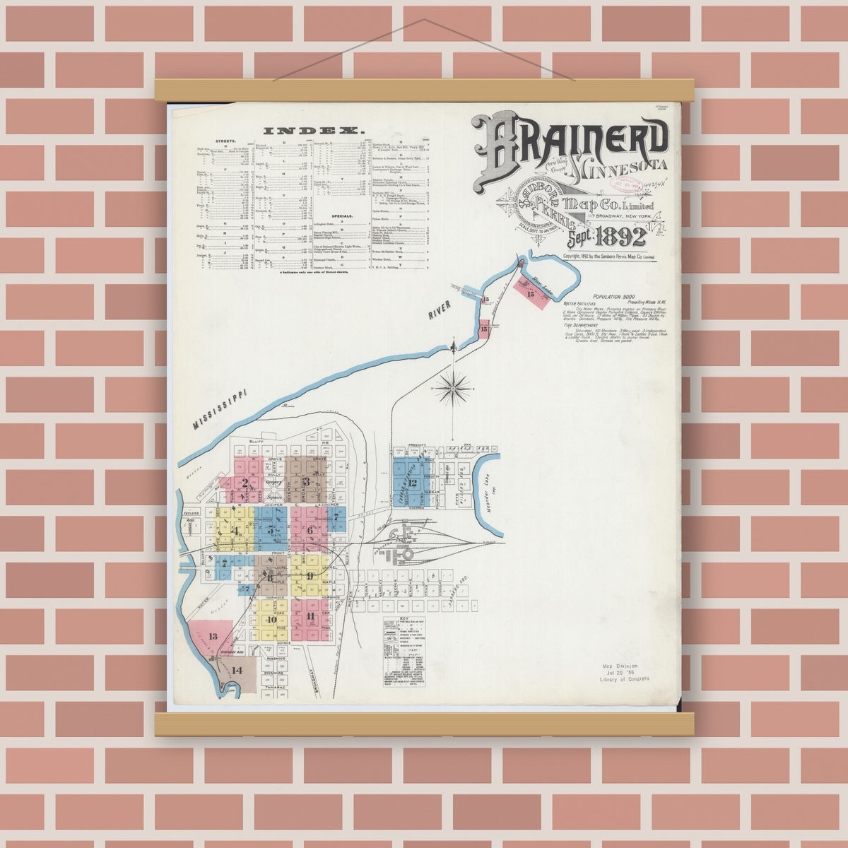 Old map wall art mockup — magnetic wood frame on brick wall — Sanborn Fire Insurance Map from Brainerd, Crow Wing County, Minnesota (1892) - Complete Map Set