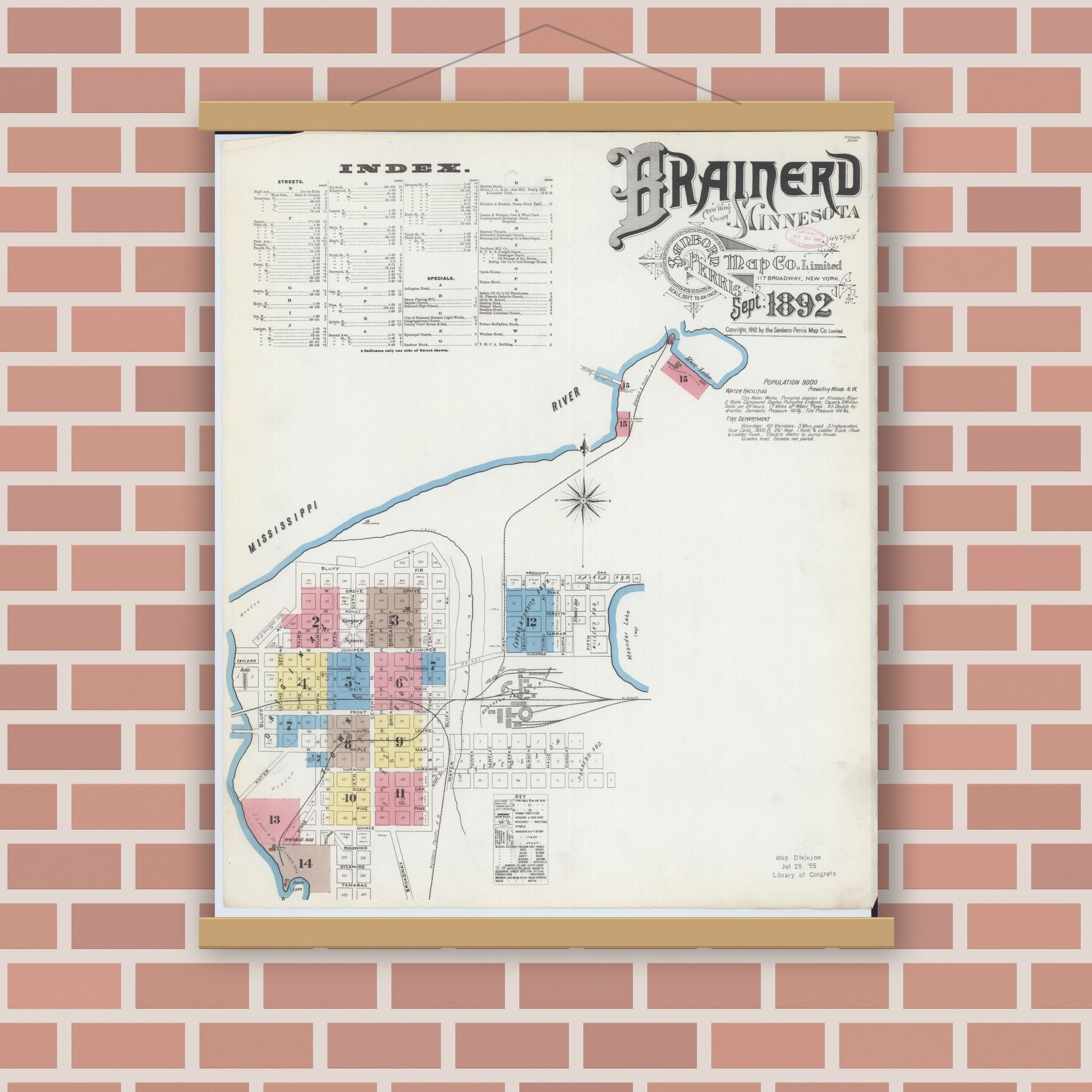 Old map wall art mockup — magnetic wood frame on brick wall — Sanborn Fire Insurance Map from Brainerd, Crow Wing County, Minnesota (1892) - Complete Map Set