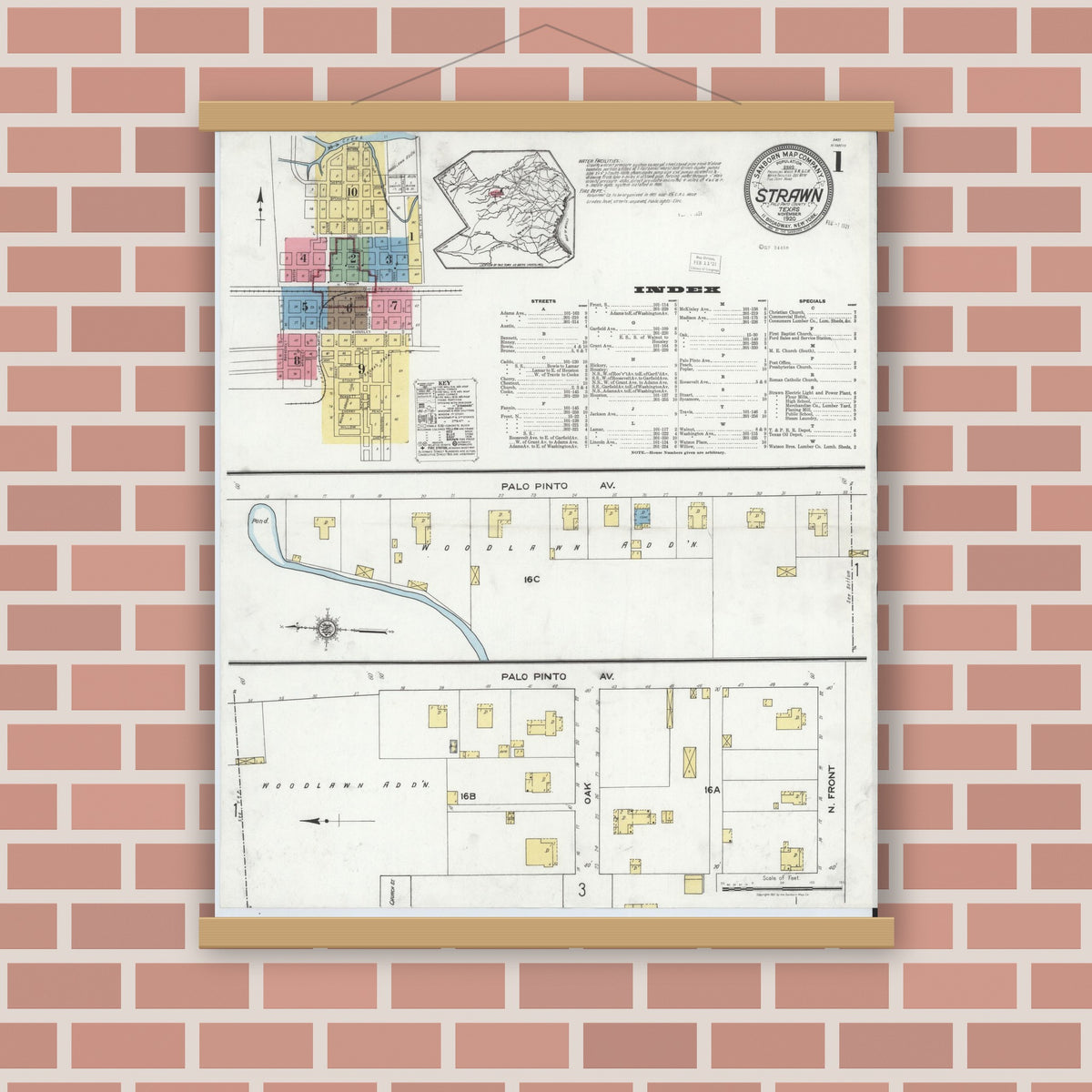 Old map wall art mockup — magnetic wood frame on brick wall — Sanborn Fire Insurance Map from Strawn, Palo Pinto County, Texas (1920) - Complete Map Set