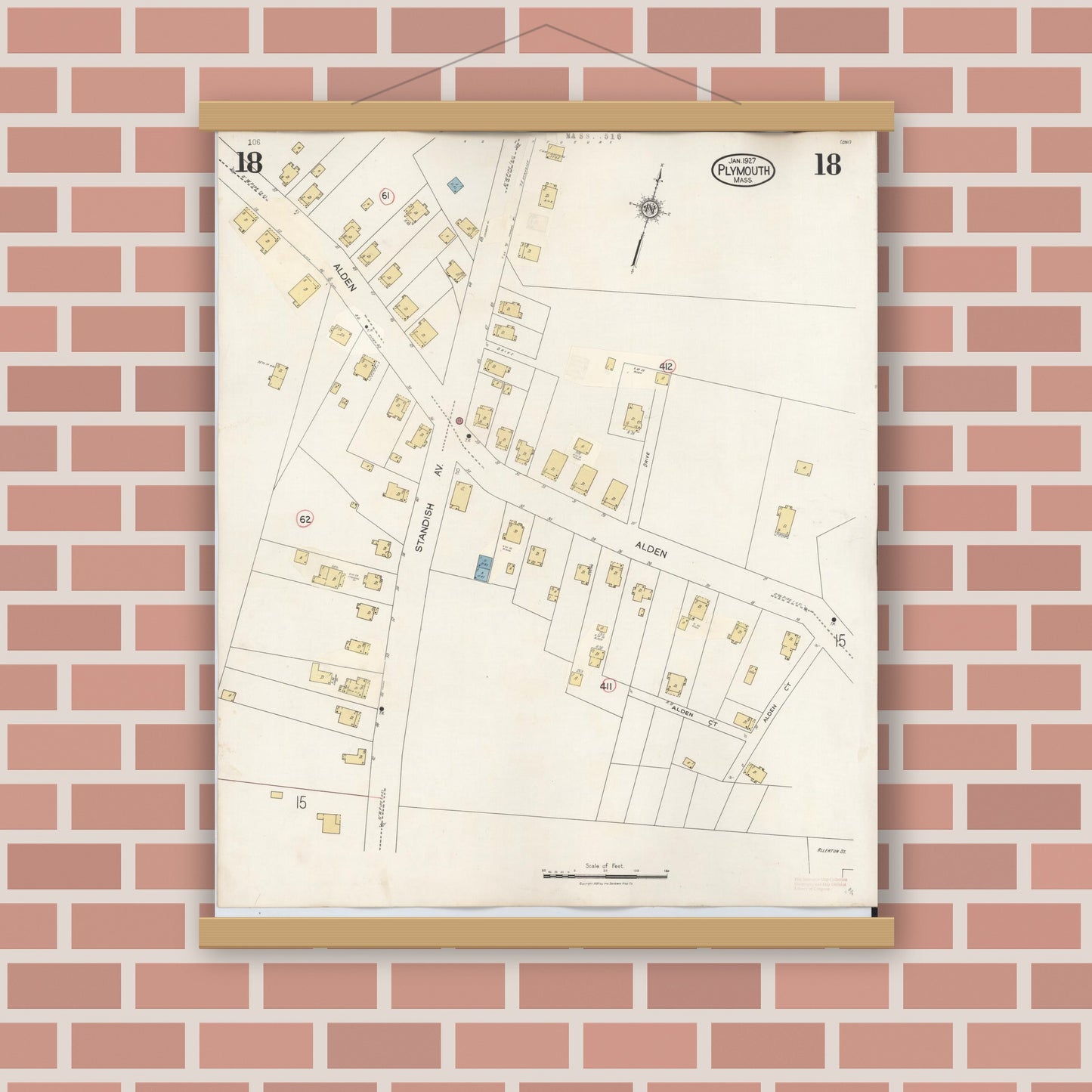 Old map wall art mockup — magnetic wood frame on brick wall — Sanborn Fire Insurance Map from Plymouth, Plymouth County, Massachusetts (1948), Sheet #0018