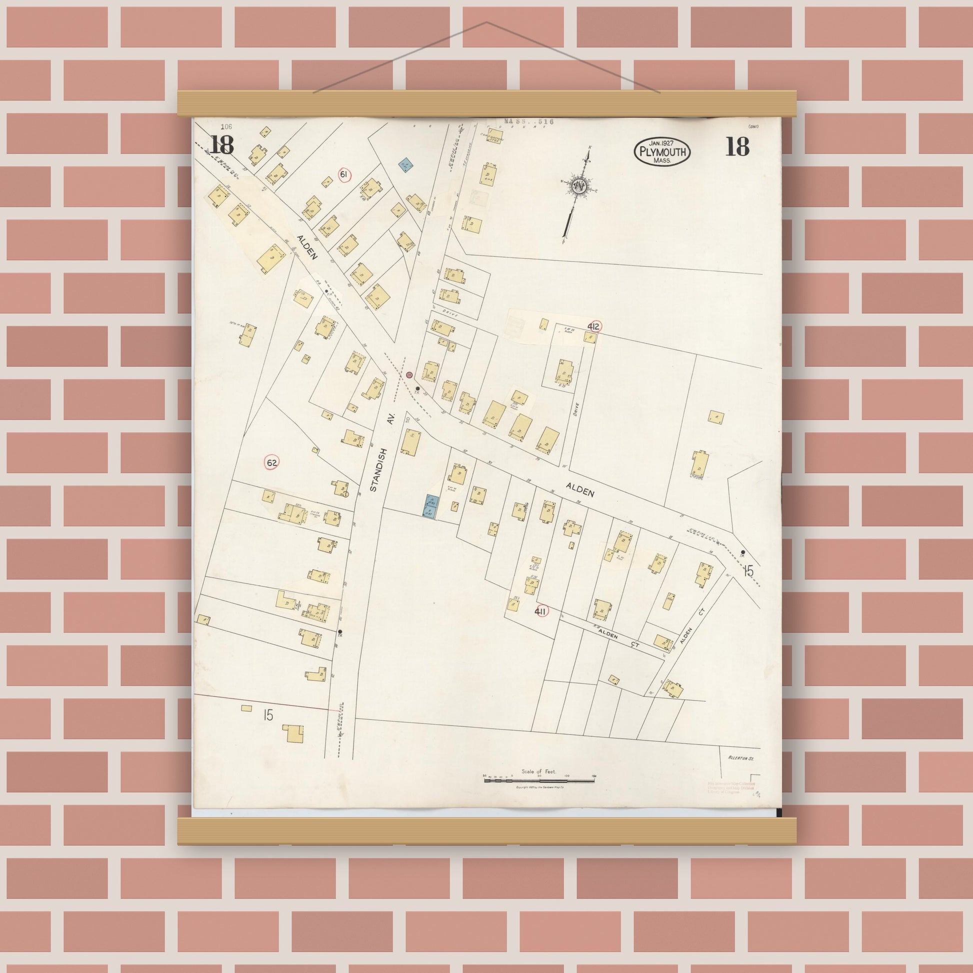 Old map wall art mockup — magnetic wood frame on brick wall — Sanborn Fire Insurance Map from Plymouth, Plymouth County, Massachusetts (1948), Sheet #0018