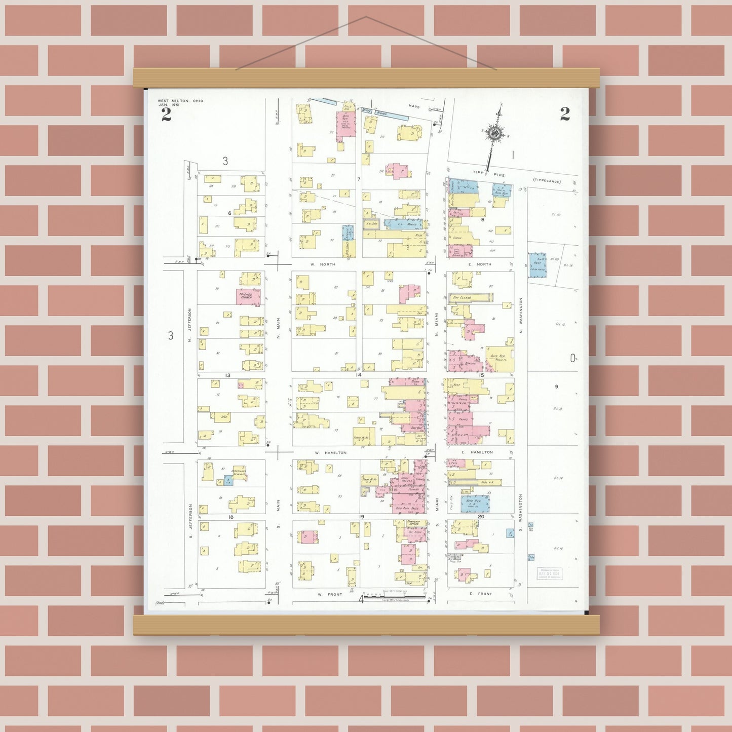 Old map wall art mockup — magnetic wood frame on brick wall — Sanborn Fire Insurance Map from West Milton, Miami County, Ohio (1951), Sheet #0002