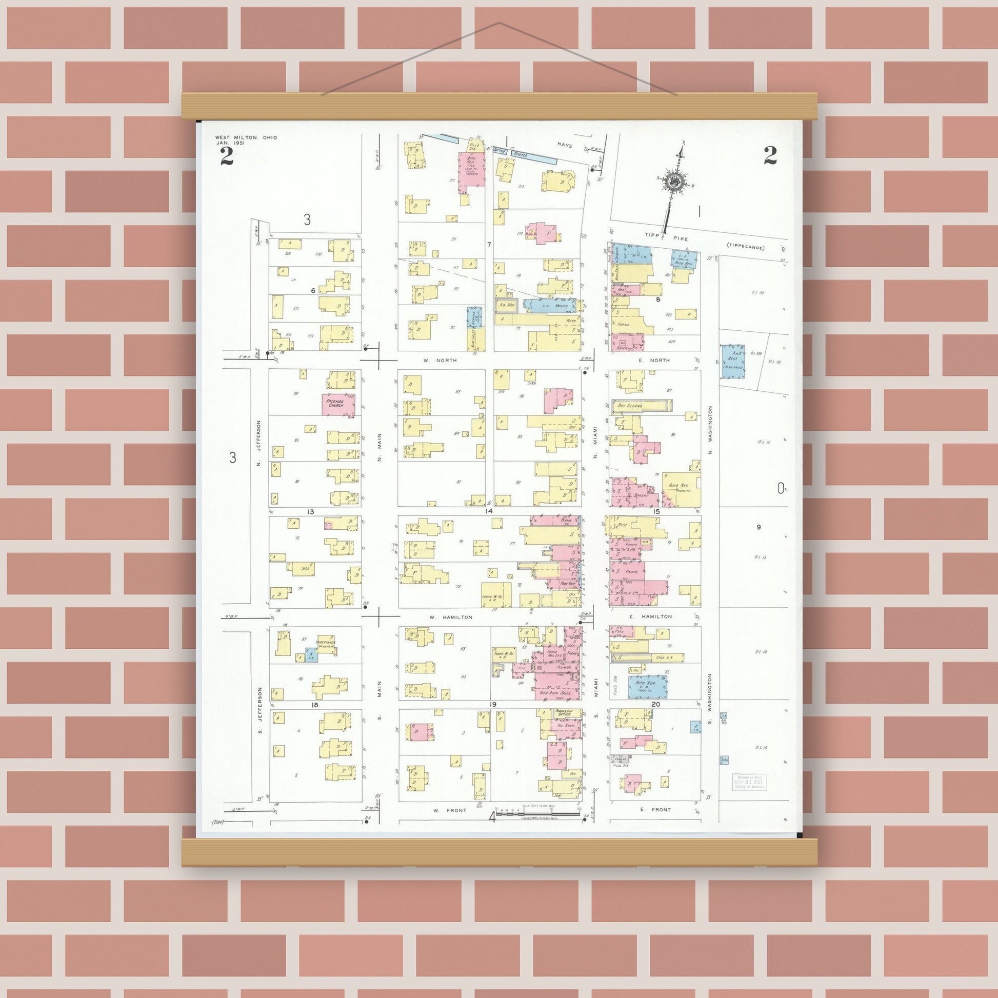 Old map wall art mockup — magnetic wood frame on brick wall — Sanborn Fire Insurance Map from West Milton, Miami County, Ohio (1951), Sheet #0002