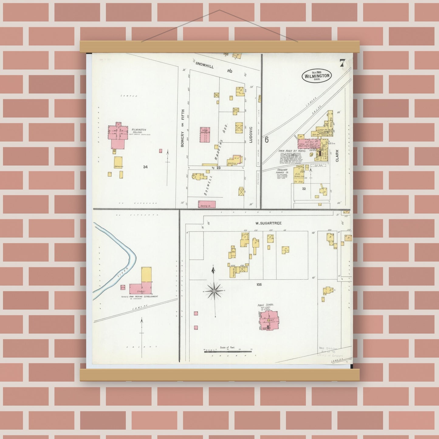 Old map wall art mockup — magnetic wood frame on brick wall — Sanborn Fire Insurance Map from Wilmington, Clinton County, Ohio (1900), Sheet #0007