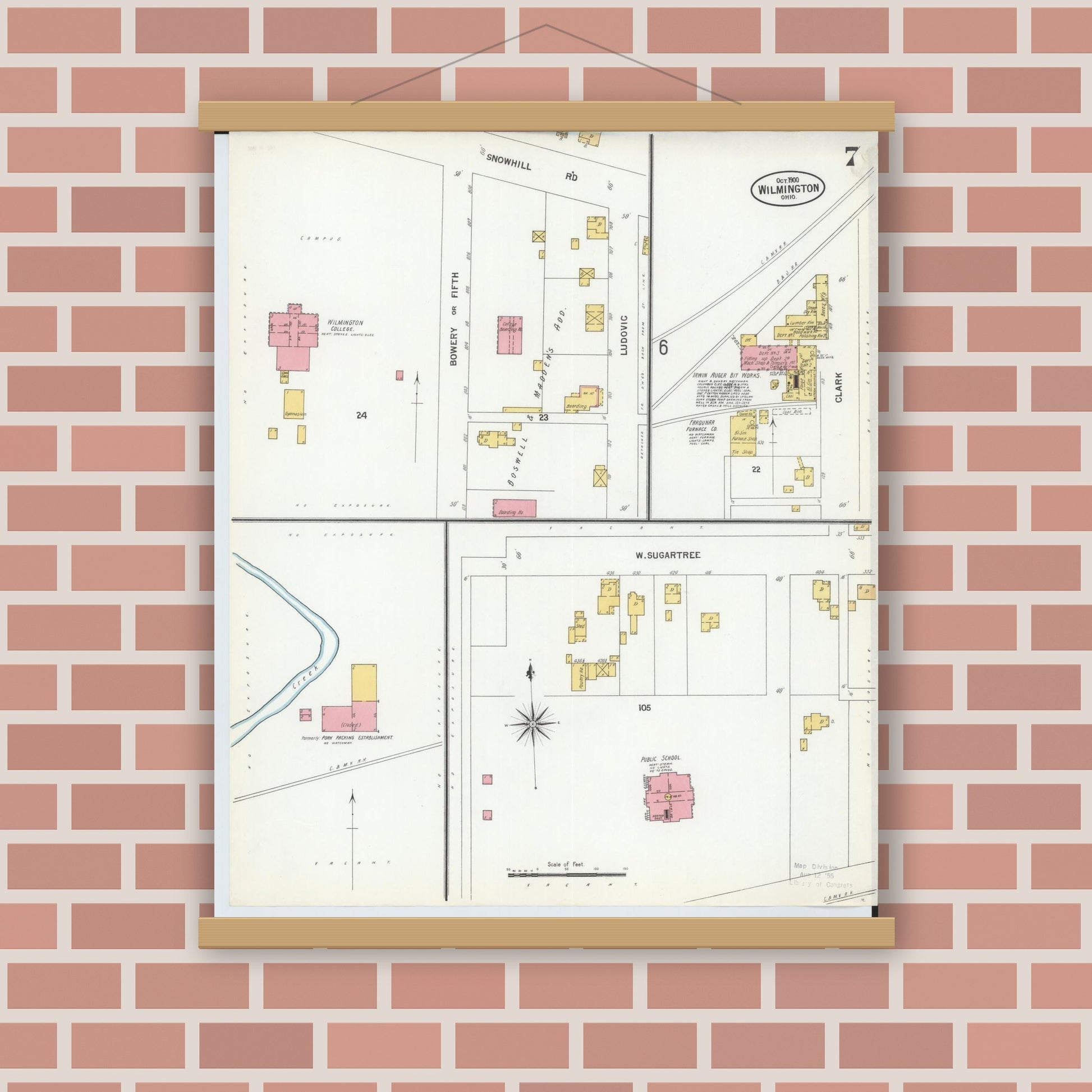 Old map wall art mockup — magnetic wood frame on brick wall — Sanborn Fire Insurance Map from Wilmington, Clinton County, Ohio (1900), Sheet #0007