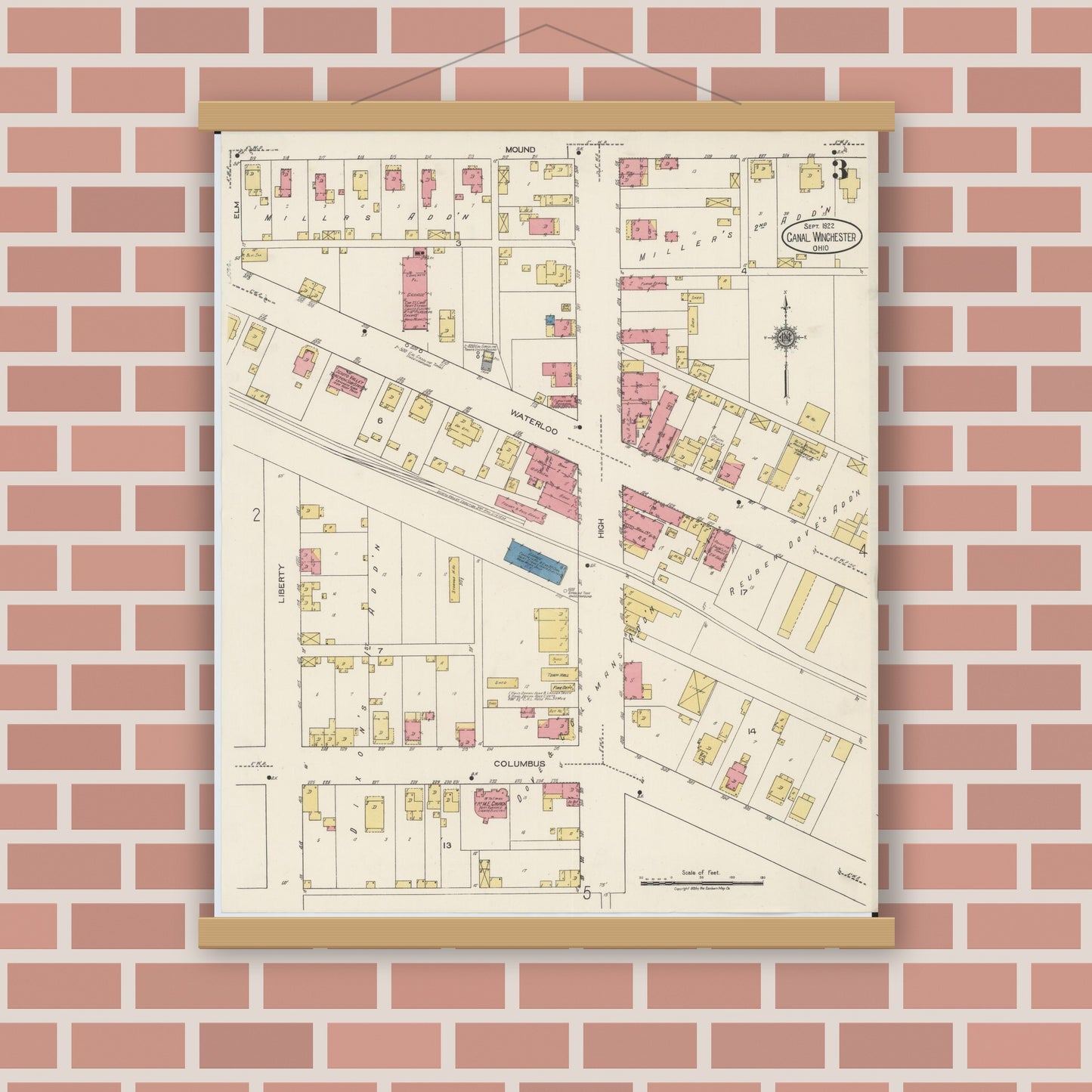 Old map wall art mockup — magnetic wood frame on brick wall — Sanborn Fire Insurance Map from Canal Winchester, Franklin County, Ohio (1922), Sheet #0003