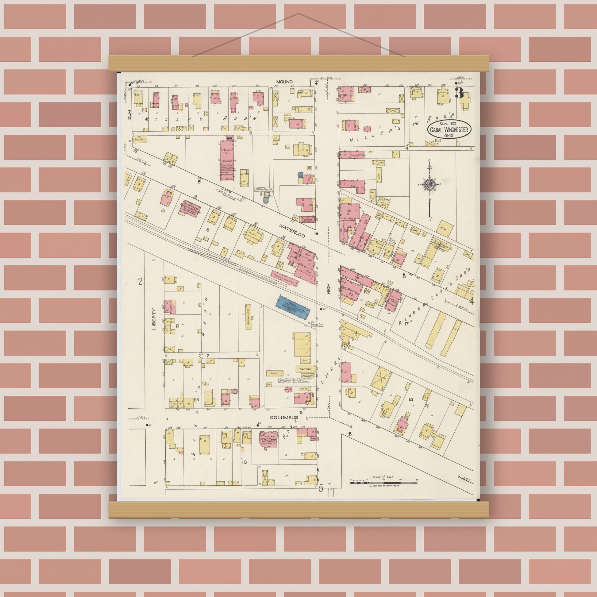 Old map wall art mockup — magnetic wood frame on brick wall — Sanborn Fire Insurance Map from Canal Winchester, Franklin County, Ohio (1922), Sheet #0003